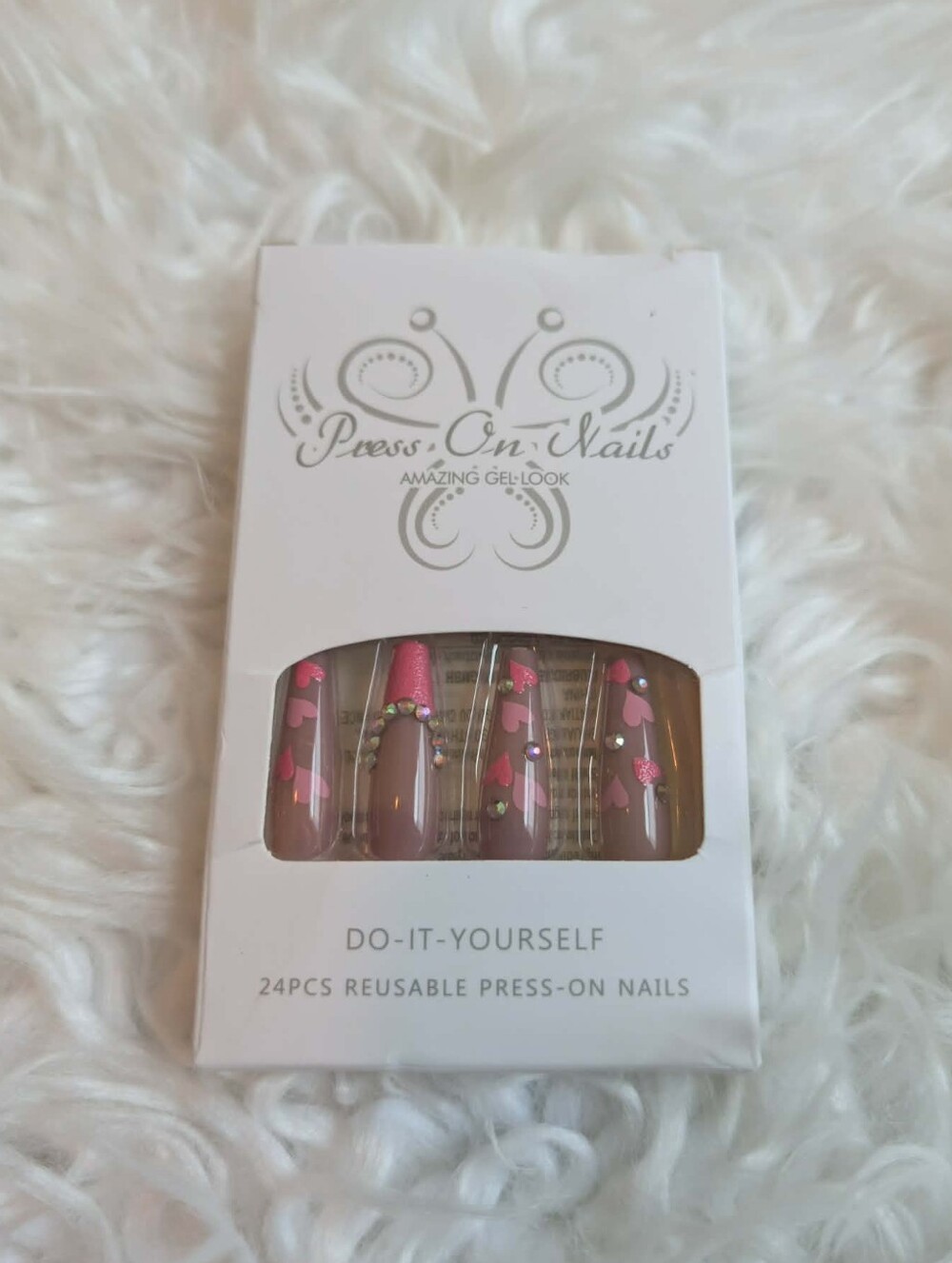 Press-On Nails Set with Pink Heart Accents